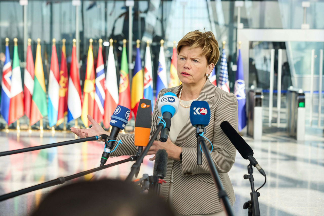 Minister of Foreign Affairs of Latvia, Baiba Braže, arrives at the NATO Foreign Ministerial