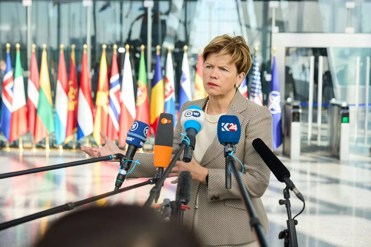 Minister of Foreign Affairs of Latvia, Baiba Braže, arrives at the NATO Foreign Ministerial