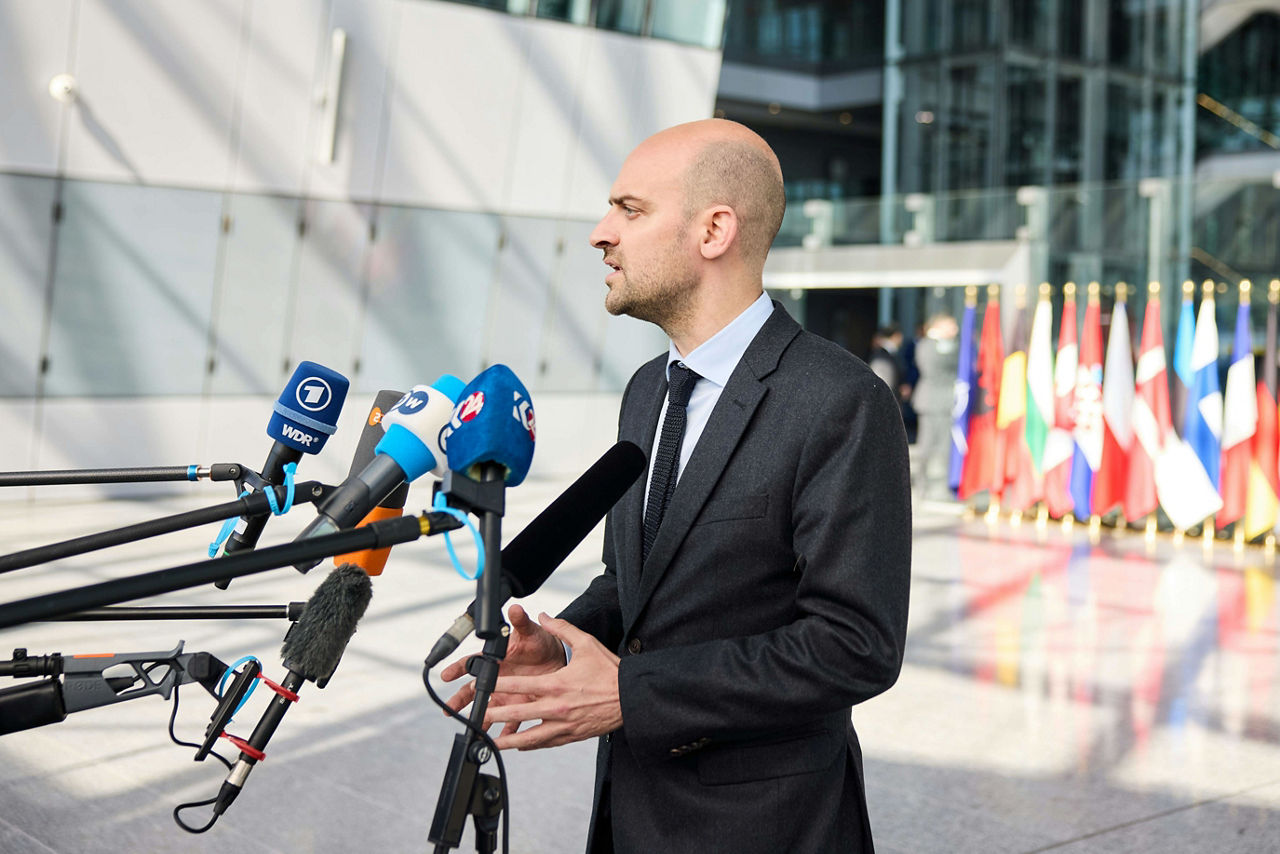 Minister for Europe and Foreign Affairs of France, Jean-Noël Barrot, arrives at the NATO Ministerial Meeting