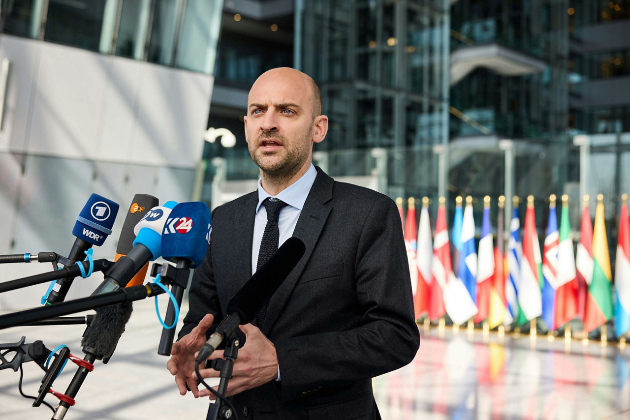Minister for Europe and Foreign Affairs of France, Jean-Noël Barrot, arrives at the NATO Ministerial Meeting