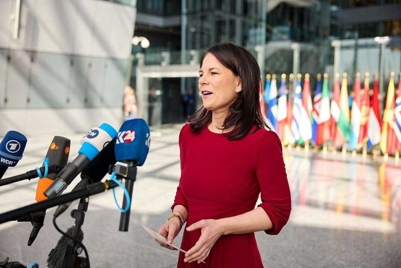 Minister of Foreign Affairs of Germany, Annalena Baerbock, arrives at the NATO Foreign Ministerial