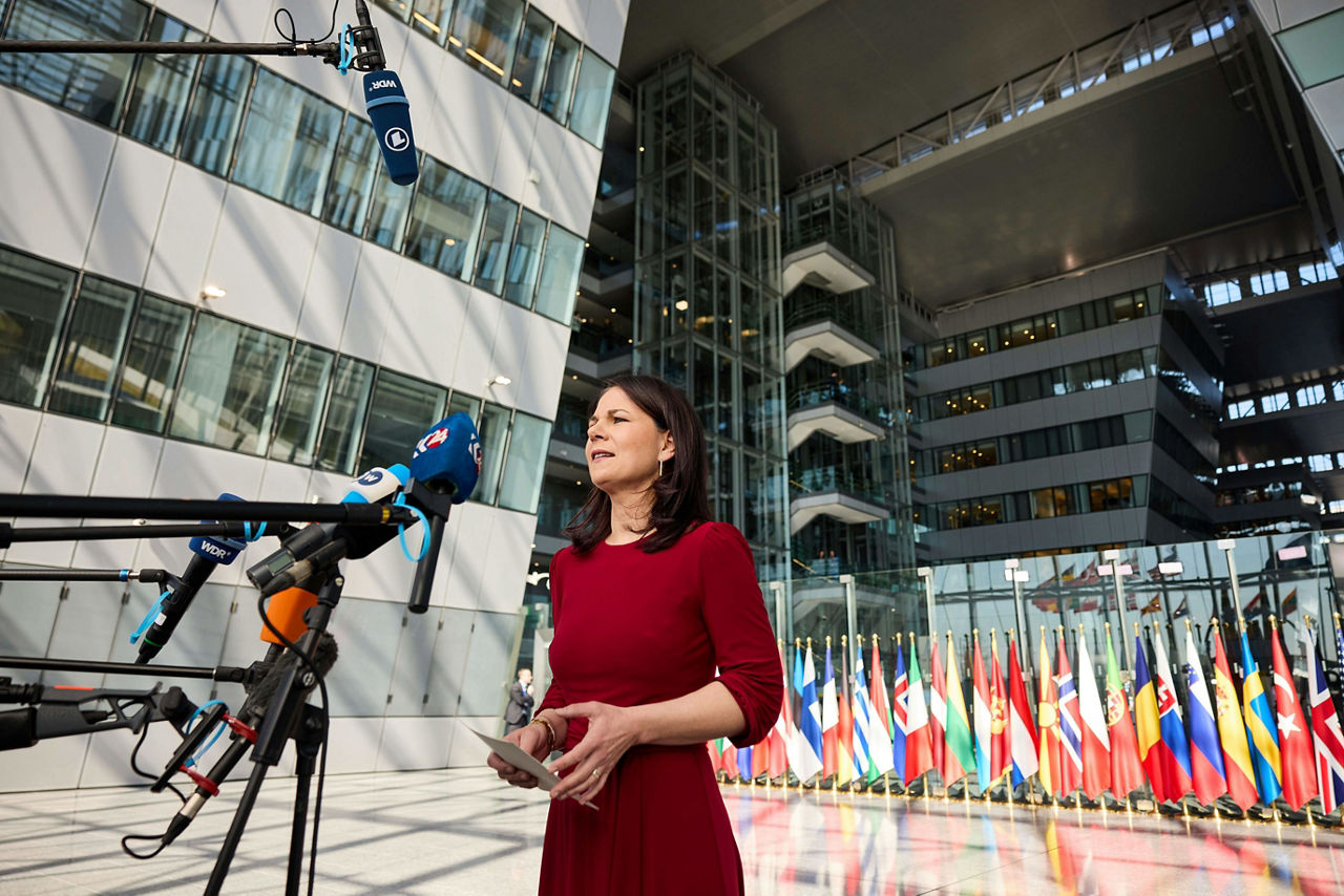 Minister of Foreign Affairs of Germany, Annalena Baerbock, arrives at the NATO Foreign Ministerial