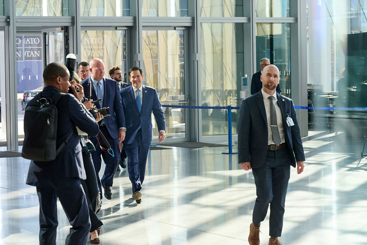 US Secretary of State, Marco Rubio, arriving at the NATO Foreign Ministerial