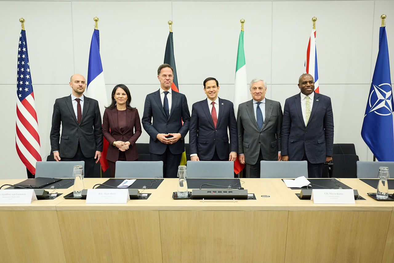 Jean-Noël Barrot (Minister of Foreign Affairs, France), Annalena Baerbock (Minister of Foreign Affairs, Germany), NATO Secretary General Mark Rutte, Marco Rubio (US Secretary of State), Antonio Tajani (Minister of Foreign Affairs, Italy) and David Lammy (UK Foreign Secretary) 