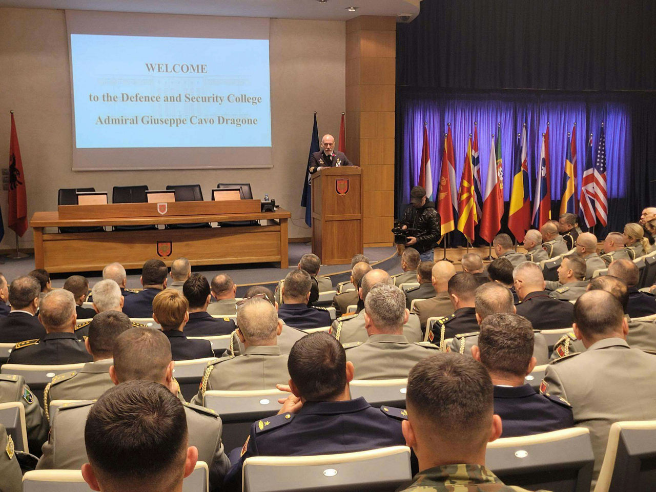 Chair of the NATO Military Committee (CMC), Admiral Giuseppe Cavo Dragone at the Defence Security College in Tirana