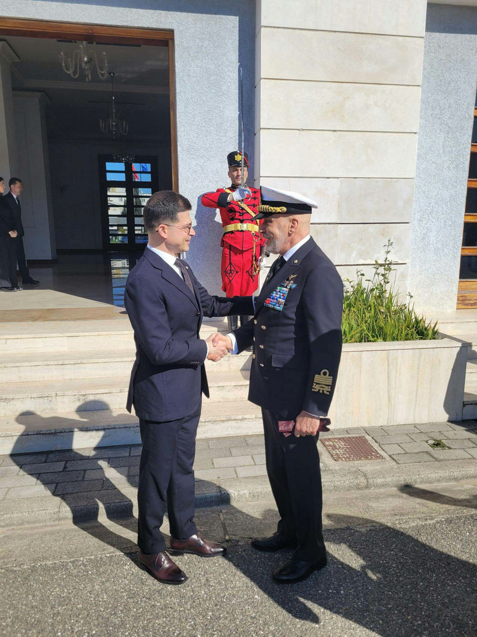 Chair of the NATO Military Committee (CMC), Admiral Giuseppe Cavo Dragone with Minister of Defence of Albania Pirro Vengu