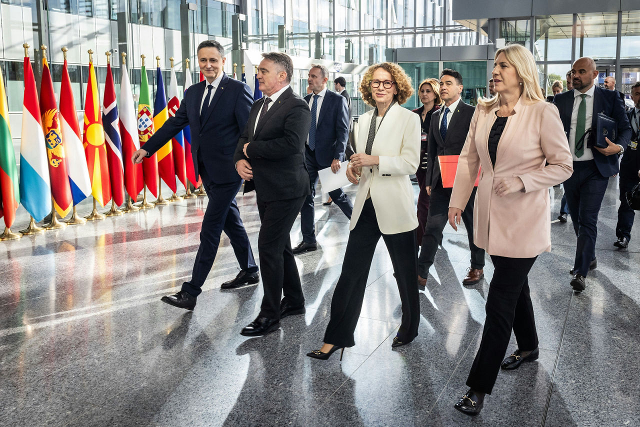 NATO Deputy Secretary General, Radmila Shekerinska hosts the Chair and members of the Tripartite Presidency of Bosnia and Herzegovina, Željka Cvijanović, Željko Komšić, and Denis Bećirović, at NATO Headquarters