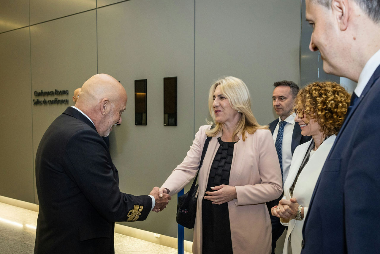 NATO Deputy Secretary General, Radmila Shekerinska hosts the Chair and members of the Tripartite Presidency of Bosnia and Herzegovina, Željka Cvijanović, Željko Komšić, and Denis Bećirović, at NATO Headquarters - Meeting with NATO Chair of the Military Committee, Adm. Giuseppe Cavo Dragone