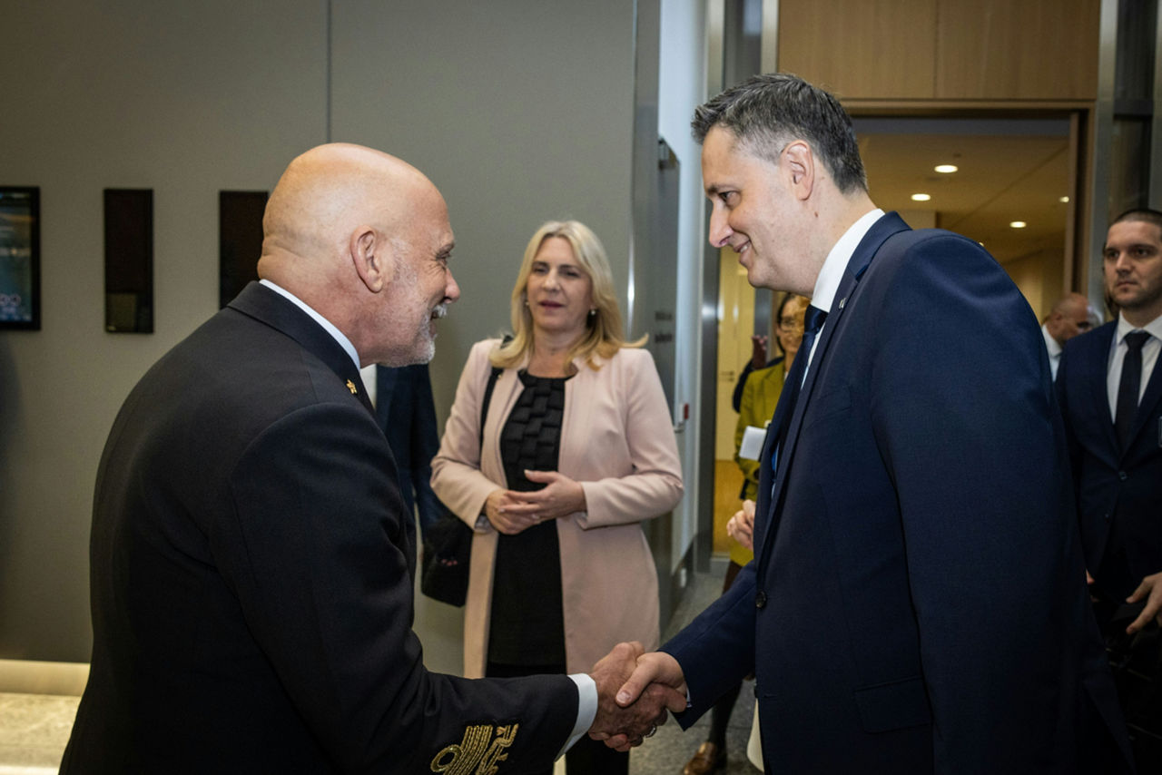 NATO Deputy Secretary General, Radmila Shekerinska hosts the Chair and members of the Tripartite Presidency of Bosnia and Herzegovina, Željka Cvijanović, Željko Komšić, and Denis Bećirović, at NATO Headquarters - Meeting with NATO Chair of the Military Committee, Adm. Giuseppe Cavo Dragone