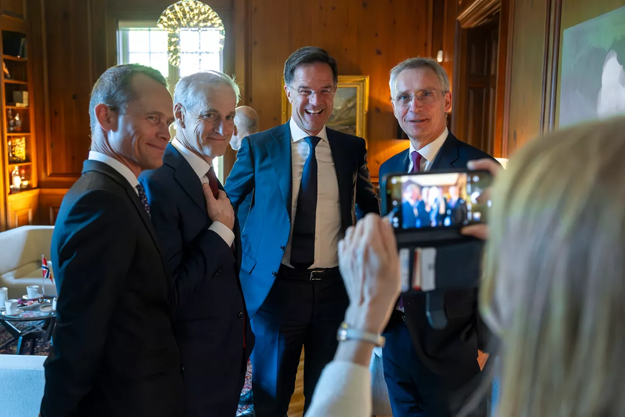 NATO Secretary General Mark Rutte meets with Jonas Gahr Støre, Prime Minister of Norway and former NATO Secretary General Jens Stoltenberg