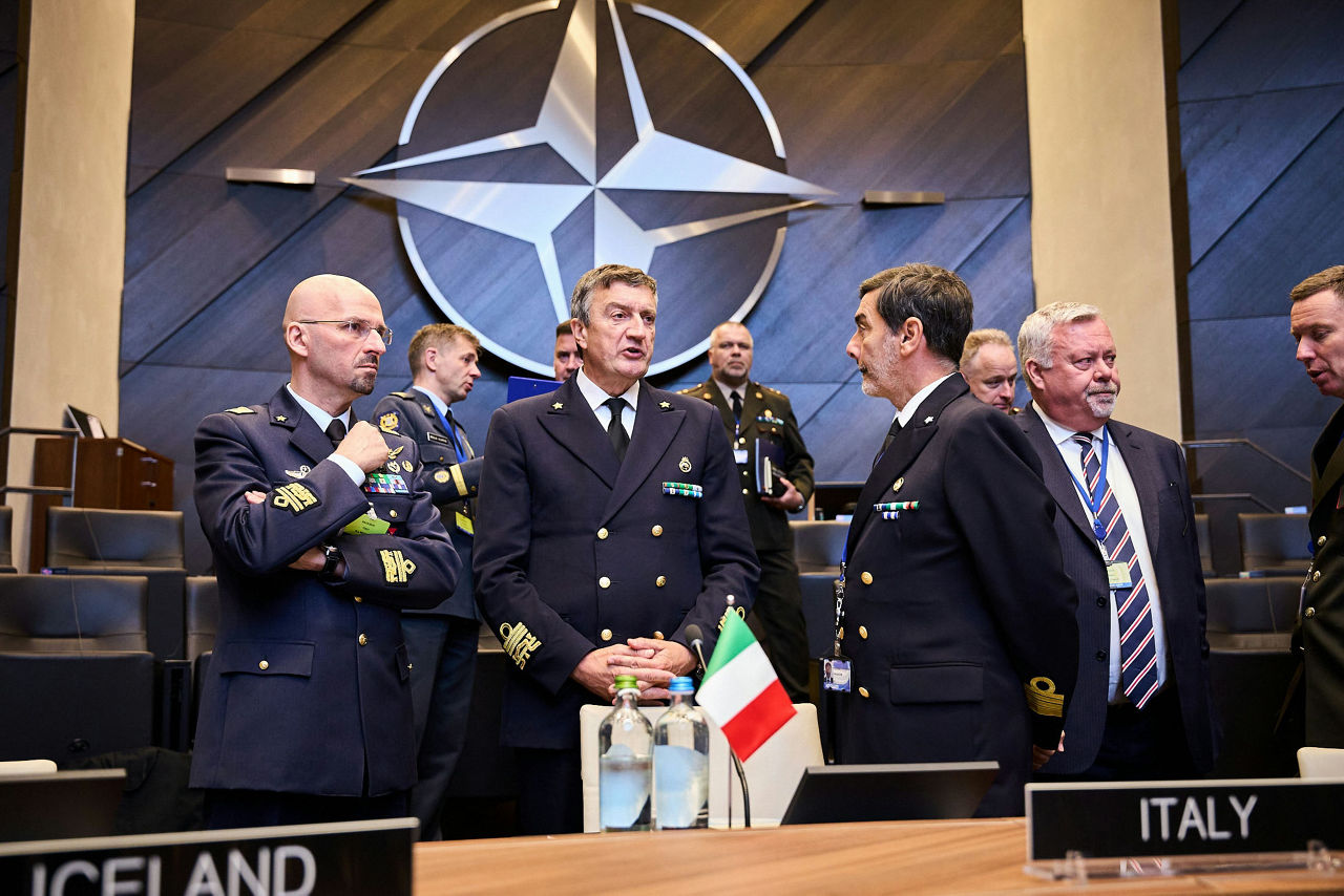 The NATO Military Representative of Italy, Vice Admiral Dario Giacomin with staff