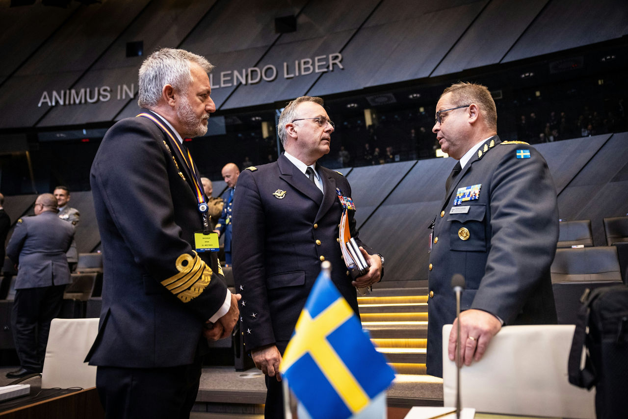 Left to right - The NATO Military Representative of Spain, Vice Admiral José María Núñez Torrente, NATO Supreme Allied Commander Transformation, Admiral Pierre Vandier and the NATO Chief of Defence of Sweden, General Michael Claesson
