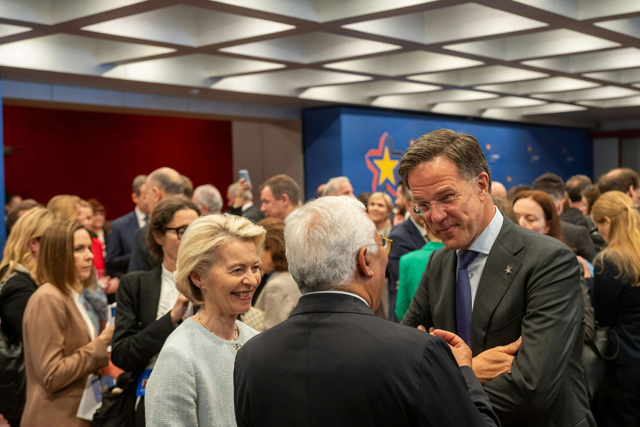 Ursula von der Leyen (President, European Commission), António Costa (President, European Council) and NATO Secretary General Mark Rutte 