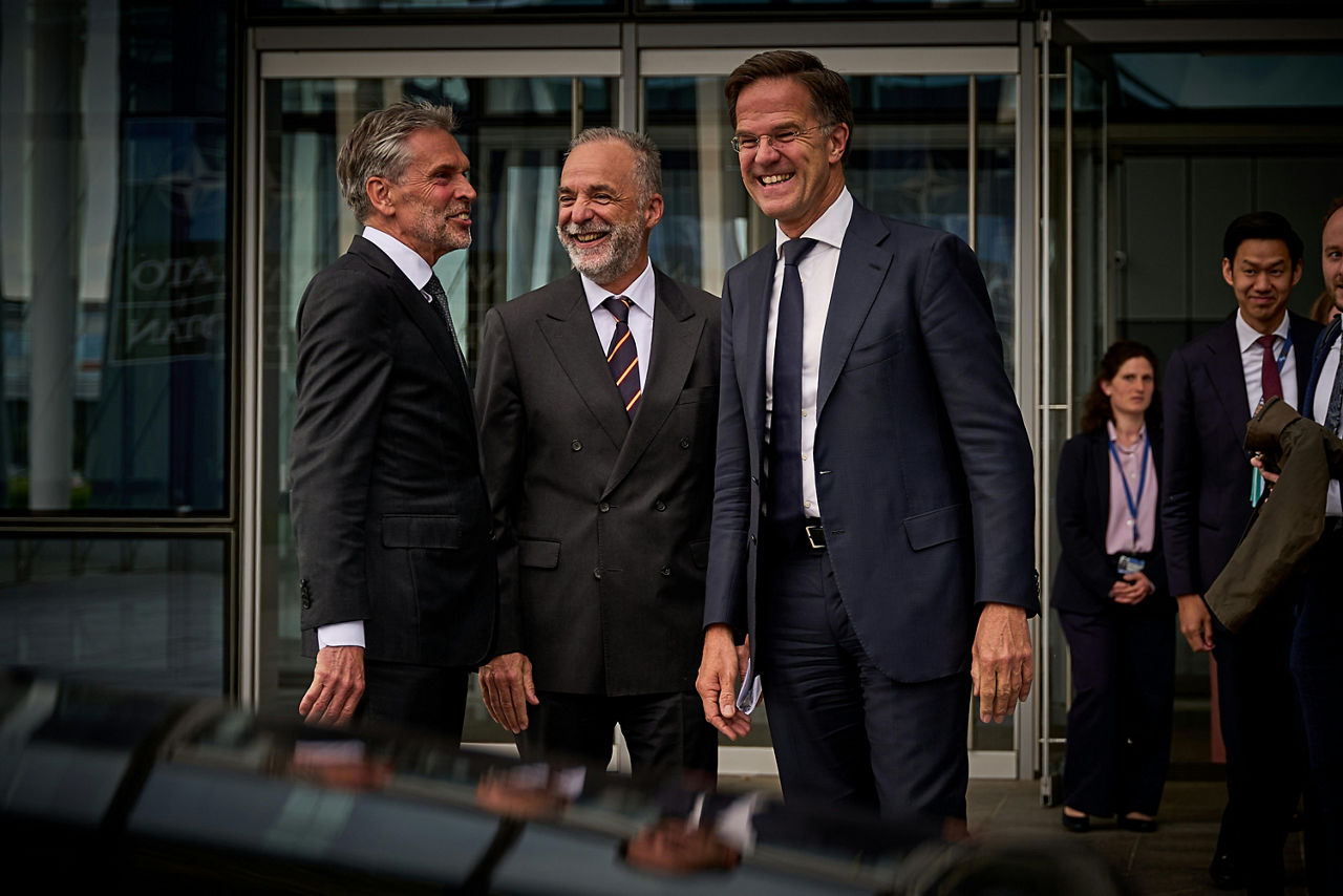 Dick Schoof (Prime Minister of the Netherlands), NATO Secretary General Mark Rutte and Thijs van der Plas (NATO Permanent Representative of the Netherlands)