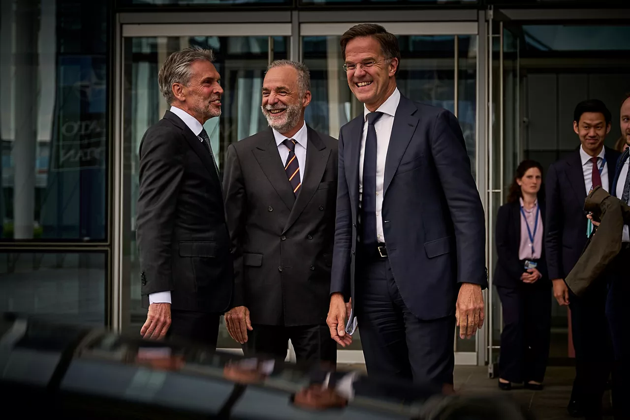 Dick Schoof (Prime Minister of the Netherlands), NATO Secretary General Mark Rutte and Thijs van der Plas (NATO Permanent Representative of the Netherlands)