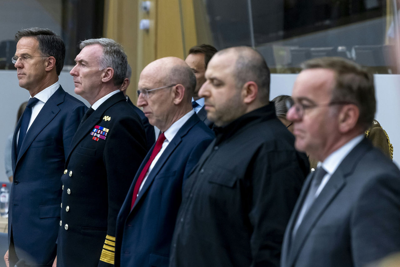 NATO Secretary General Mark Rutte, Adm. Sir Tony Radakin (Chief of Defence, United Kingdom), John Healey (Minister of Defence, United Kingdom), Rustem Umerov (Minister of Defence, Ukraine) and Boris Pistorius (Minister of Defence, Germany) 