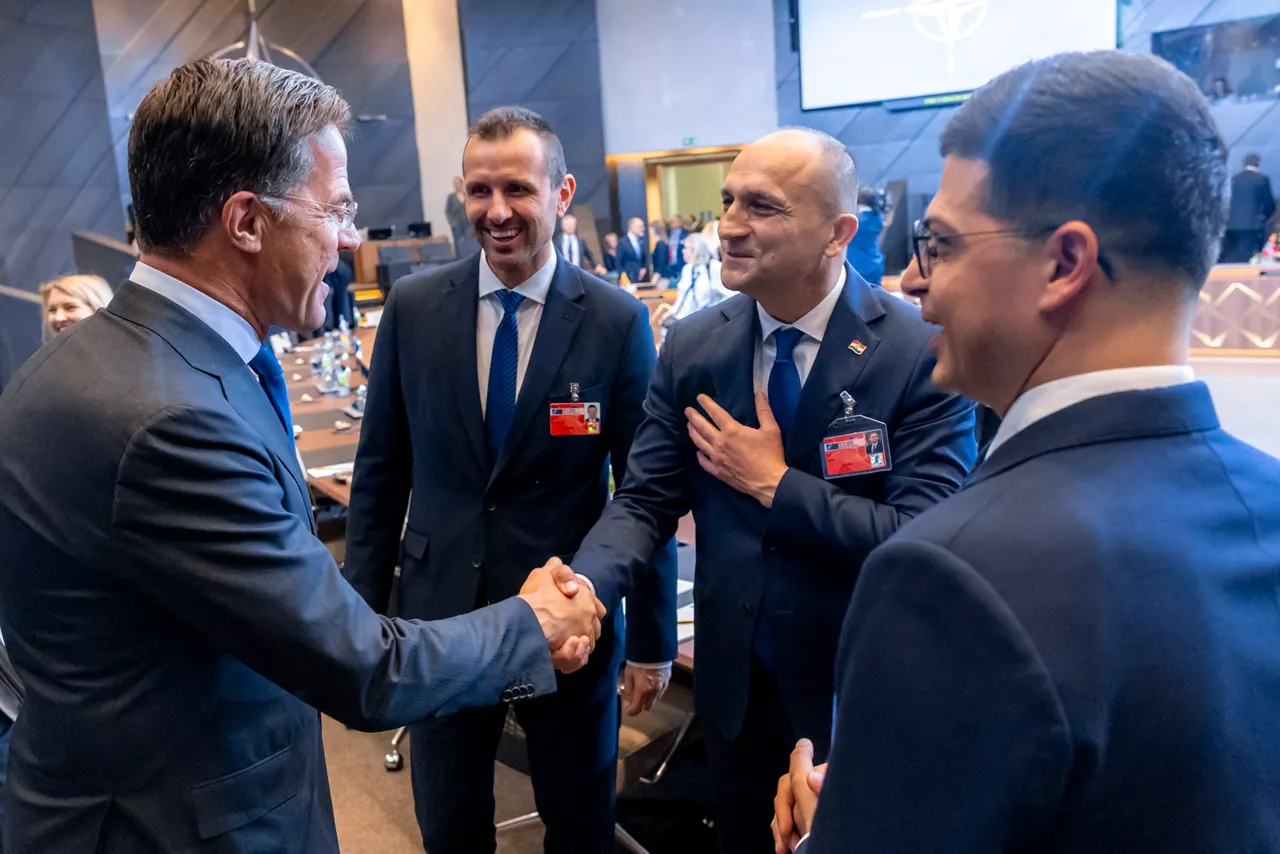 NATO Secretary General Mark Rutte with Daniel Blažkovec (Deputy Minister of Defence, Czechia), Ivan Anušić (Minister of Defence, Croatia) and Pirro Vengu (Minister of Defence, Albania)