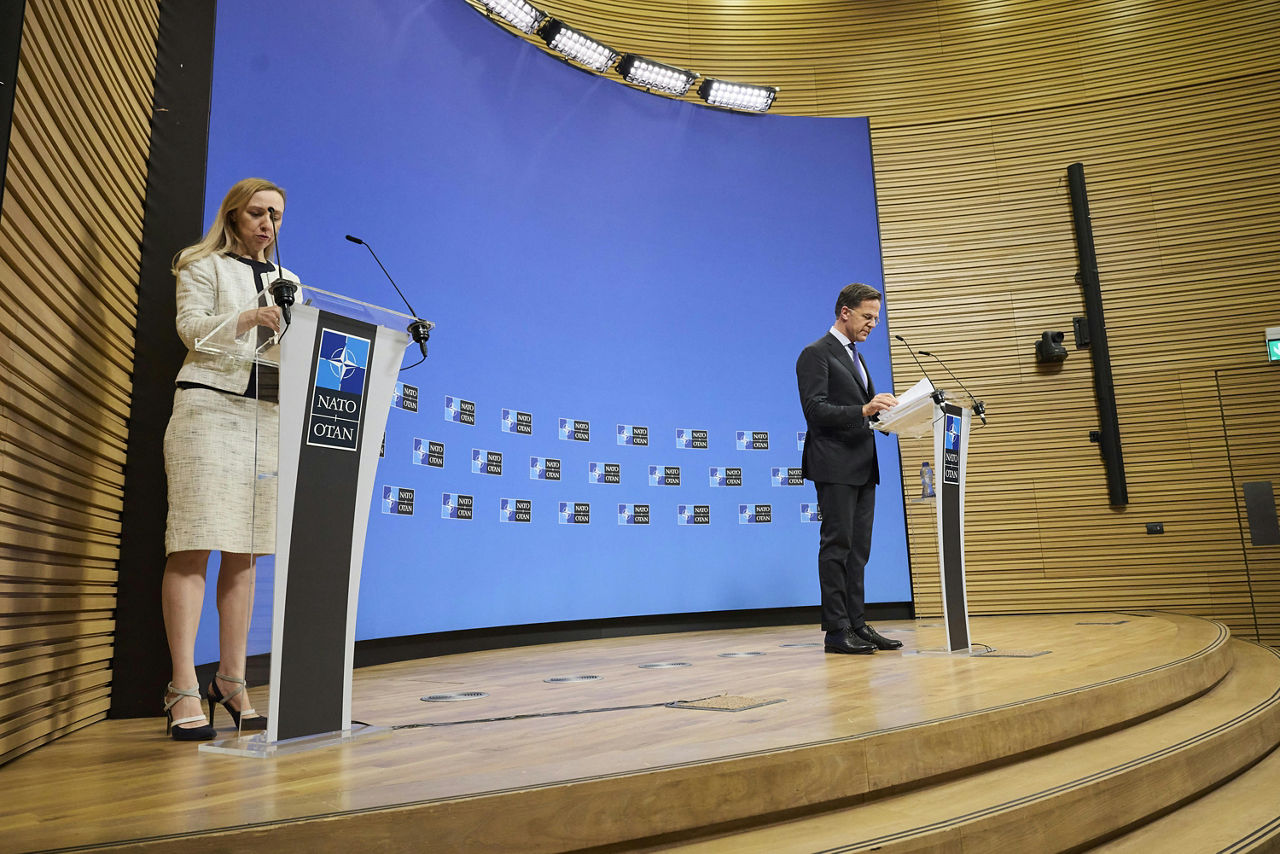Press conference by NATO Secretary General Mark Rutte following the meetings of NATO Defence Ministers in Brussels. Left: Allison Hart (Acting NATO Spokesperson)