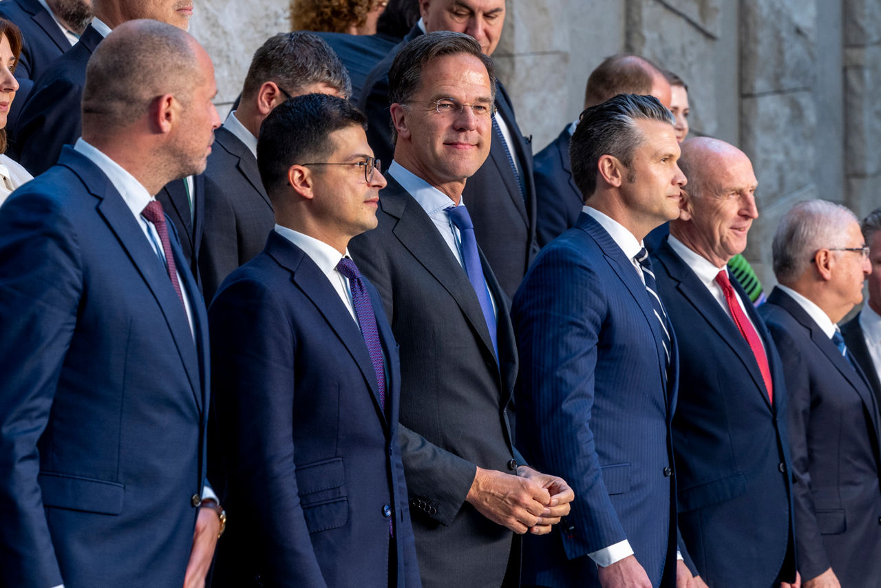 Theo Francken (Minister of Defence, Belgium), Pirro Vengu (Minister of Defence, Albania), NATO Secretary General Mark Rutte, Pete Hegseth (US Secretary of Defense), John Healey (Minister of Defence, United Kingdom) and Yaşar Güler (Minister of Defence, Türkiye)