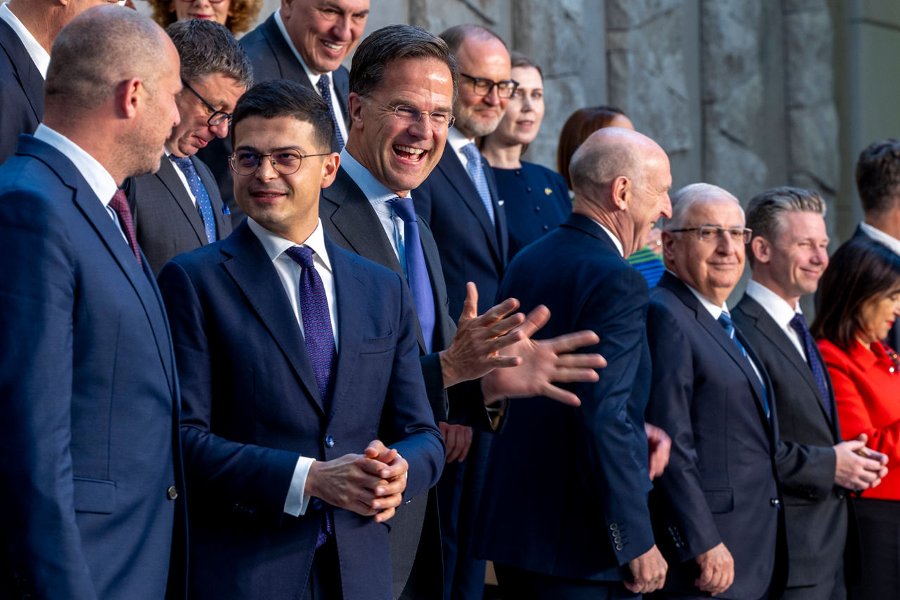 Theo Francken (Minister of Defence, Belgium), Pirro Vengu (Minister of Defence, Albania), NATO Secretary General Mark Rutte, John Healey (Minister of Defence, United Kingdom), Yaşar Güler (Minister of Defence, Türkiye), Pål Jonson (Minister of Defence, Sweden) and Margarita Robles (Minister of Defence, Spain)