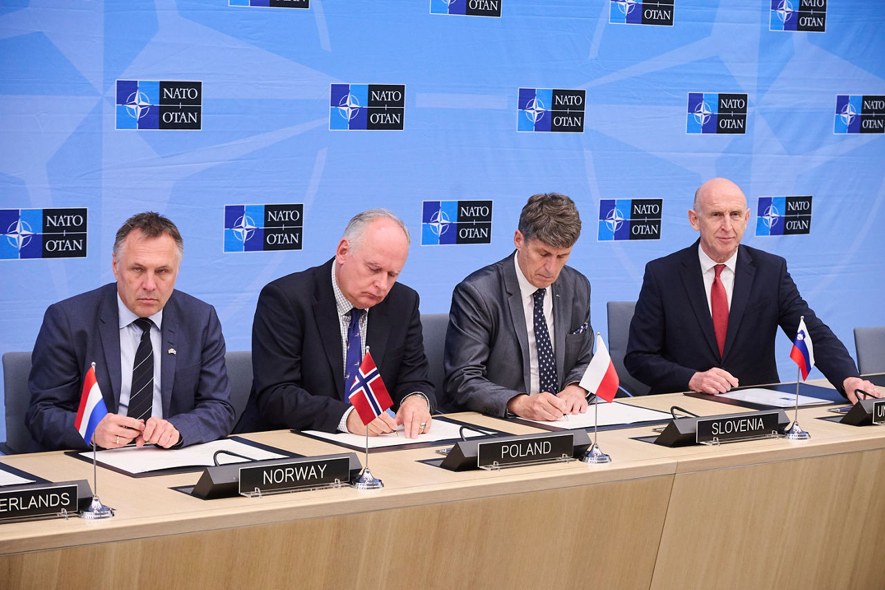 Tore O. Sandvik (Minister of Defence, Norway), Paweł Ksawery Zalewski (Secretary of State, Poland), Borut Sajovic (Minister of Defence, Slovenia) and John Healey (Minister of Defence, United Kingdom)