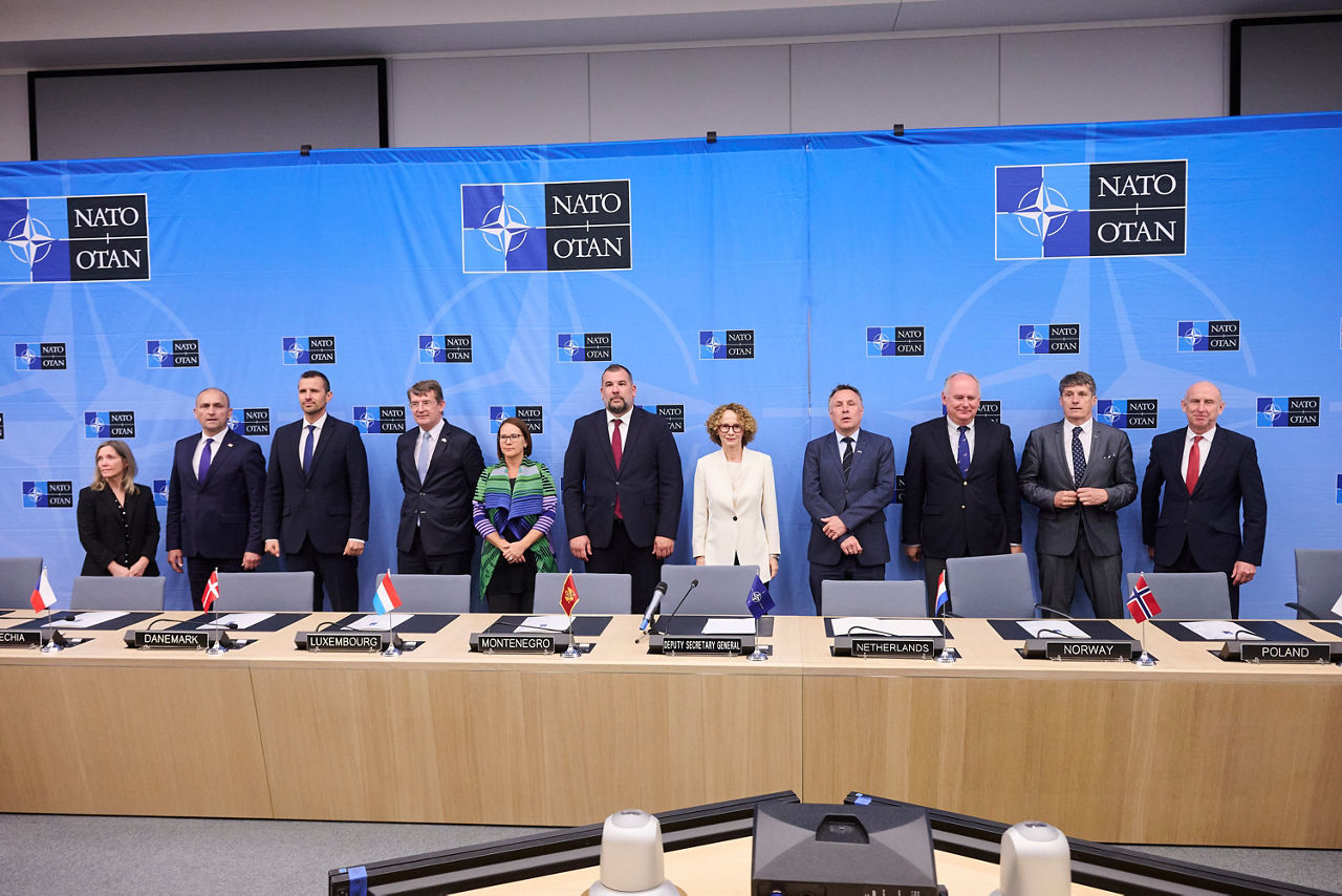 Stefanie Beck (Deputy Minister of Defence, Canada), Ivan Anušić (Minister of Defence, Croatia), Daniel Blažkovec (Deputy Minister of Defence, Czechia), Troels Lund Poulsen (Minister of Defence, Denmark), Yuriko Backes (Minister of Defence, Luxembourg), Dragan Krapović (Minister of Defence, Montenegro), NATO Deputy Secretary General Radmila Shekerinska, Tore O. Sandvik (Minister of Defence, Norway), Paweł Ksawery Zalewski (Secretary of State, Poland), Borut Sajovic (Minister of Defence, Slovenia) and John Healey (Minister of Defence, United Kingdom)