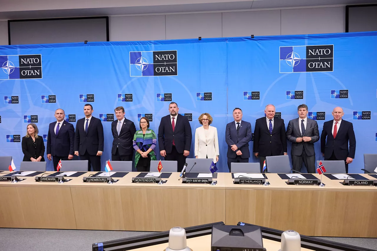 Stefanie Beck (Deputy Minister of Defence, Canada), Ivan Anušić (Minister of Defence, Croatia), Daniel Blažkovec (Deputy Minister of Defence, Czechia), Troels Lund Poulsen (Minister of Defence, Denmark), Yuriko Backes (Minister of Defence, Luxembourg), Dragan Krapović (Minister of Defence, Montenegro), NATO Deputy Secretary General Radmila Shekerinska, Tore O. Sandvik (Minister of Defence, Norway), Paweł Ksawery Zalewski (Secretary of State, Poland), Borut Sajovic (Minister of Defence, Slovenia) and John Healey (Minister of Defence, United Kingdom)