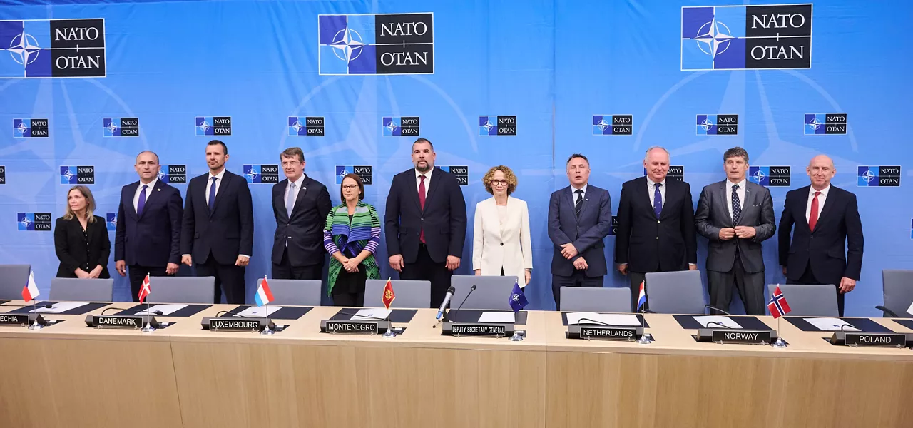 Stefanie Beck (Deputy Minister of Defence, Canada), Ivan Anušić (Minister of Defence, Croatia), Daniel Blažkovec (Deputy Minister of Defence, Czechia), Troels Lund Poulsen (Minister of Defence, Denmark), Yuriko Backes (Minister of Defence, Luxembourg), Dragan Krapović (Minister of Defence, Montenegro), NATO Deputy Secretary General Radmila Shekerinska, Tore O. Sandvik (Minister of Defence, Norway), Paweł Ksawery Zalewski (Secretary of State, Poland), Borut Sajovic (Minister of Defence, Slovenia) and John Healey (Minister of Defence, United Kingdom)