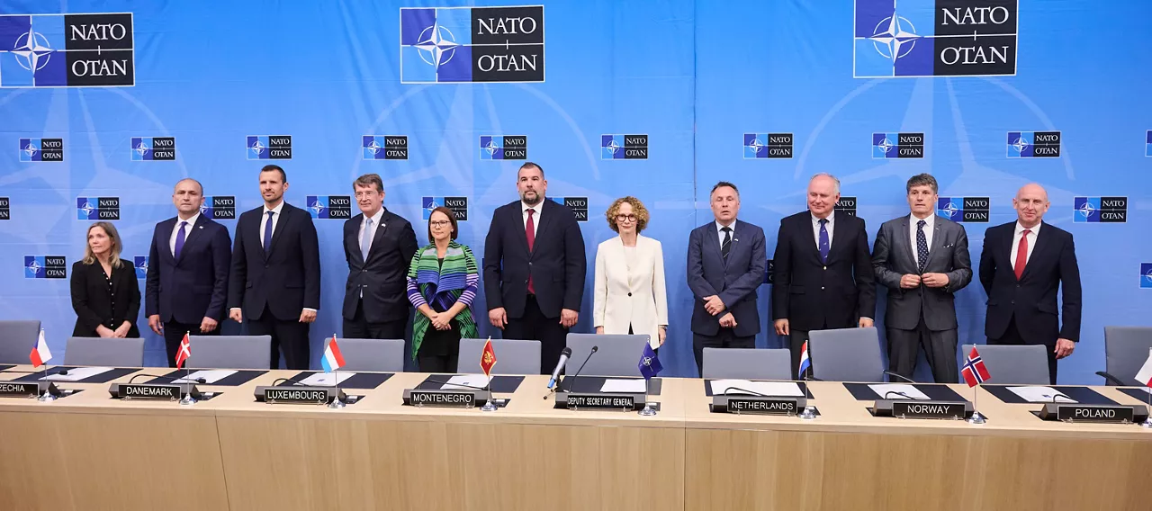 Stefanie Beck (Deputy Minister of Defence, Canada), Ivan Anušić (Minister of Defence, Croatia), Daniel Blažkovec (Deputy Minister of Defence, Czechia), Troels Lund Poulsen (Minister of Defence, Denmark), Yuriko Backes (Minister of Defence, Luxembourg), Dragan Krapović (Minister of Defence, Montenegro), NATO Deputy Secretary General Radmila Shekerinska, Tore O. Sandvik (Minister of Defence, Norway), Paweł Ksawery Zalewski (Secretary of State, Poland), Borut Sajovic (Minister of Defence, Slovenia) and John Healey (Minister of Defence, United Kingdom)