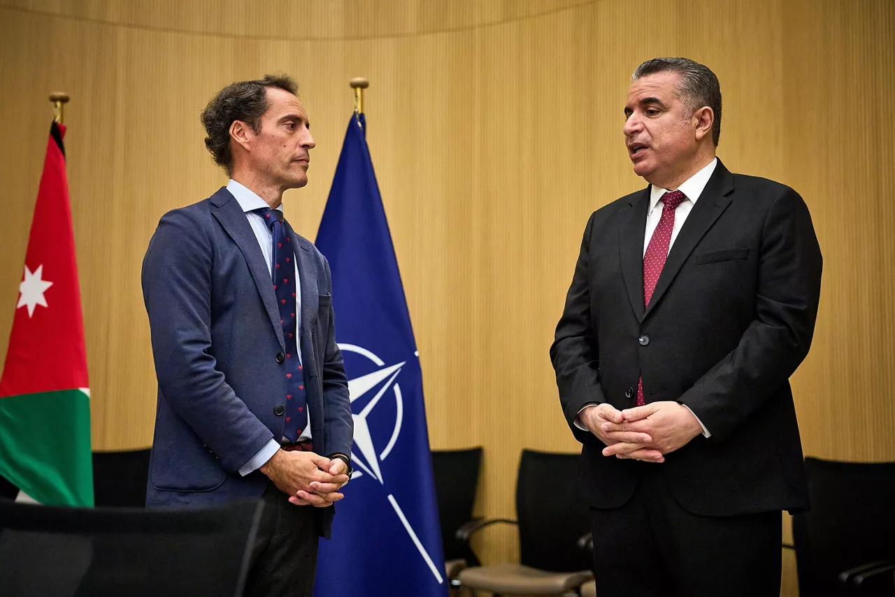Ambassador Yousef Bataineh, Head of the Mission of Jordan to NATO and Javier Colomina, Special Representative of NATO for the Southern Neighbourhood sign a legal agreement for the opening of the NATO Liaison Office (NLO) in Amman