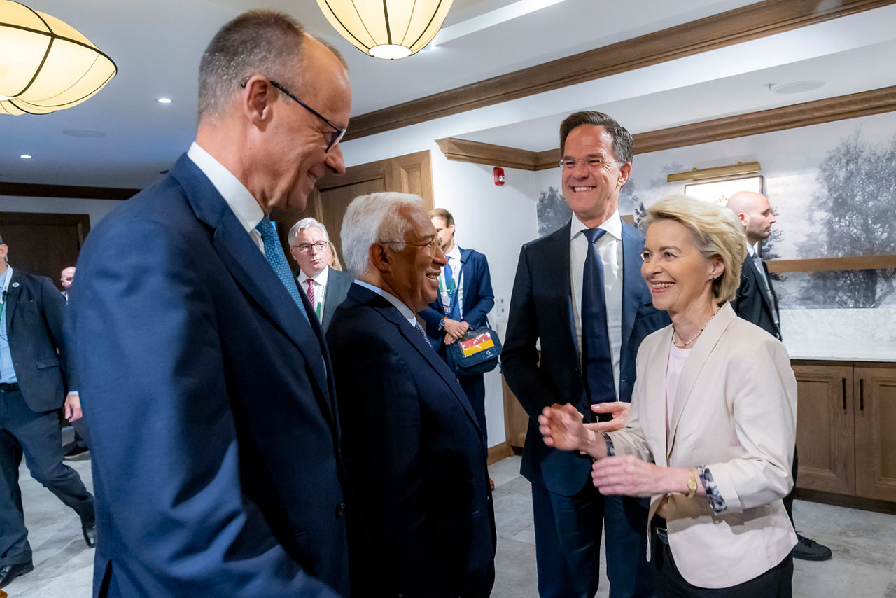 NATO Secretary General Mark Rutte with Friedrich Merz (Chancellor of Germany), António Costa (President of the European Council) and Ursula von der Leyen (President of the European Commission)