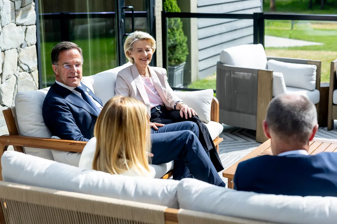 NATO Secretary General Mark Rutte with Ursula von der Leyen (President of the European Commission), Giorgia Meloni (Prime Minister of Italy) and Friedrich Merz (Chancellor of Germany)