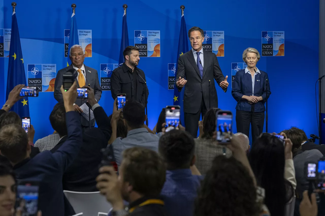 (From left to right) António Costa (President of the European Council), Volodymyr Zelenskyy (President, Ukraine), NATO Secretary General Mark Rutte and Ursula Von Der Leyen (President of the European Commission) 