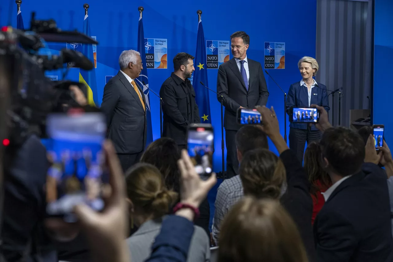 (From left to right) António Costa (President of the European Council), Volodymyr Zelenskyy (President, Ukraine), NATO Secretary General Mark Rutte and Ursula Von Der Leyen (President of the European Commission) 