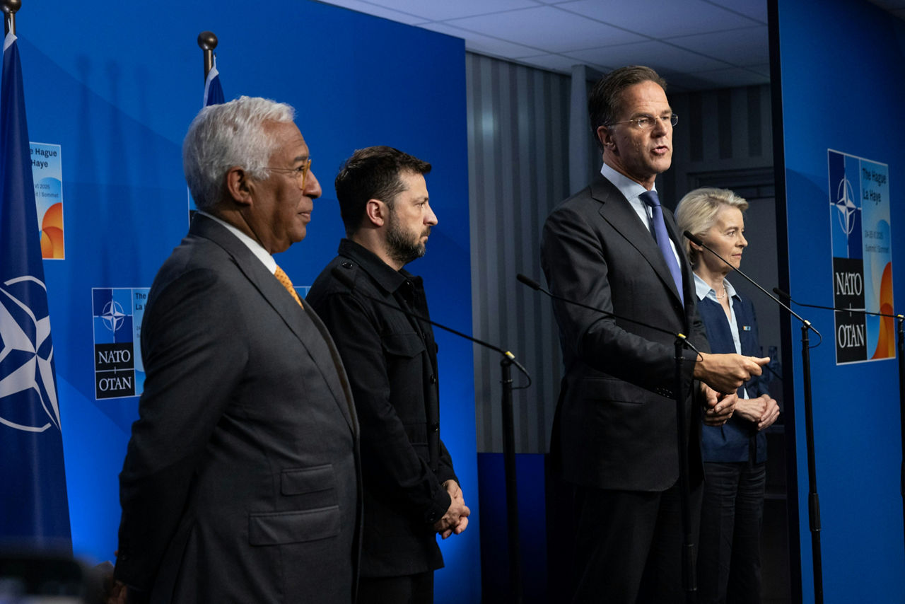 (From left to right) António Costa (President of the European Council), Volodymyr Zelenskyy (President, Ukraine), NATO Secretary General Mark Rutte and Ursula Von Der Leyen (President of the European Commission) 