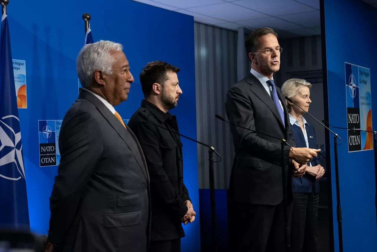 (From left to right) António Costa (President of the European Council), Volodymyr Zelenskyy (President, Ukraine), NATO Secretary General Mark Rutte and Ursula Von Der Leyen (President of the European Commission) 