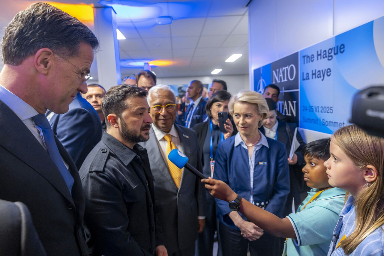 (From left to right) NATO Secretary General Mark Rutte, Volodymyr Zelenskyy (President, Ukraine), António Costa (President of the European Council) and Ursula Von Der Leyen (President of the European Commission) with young content creators