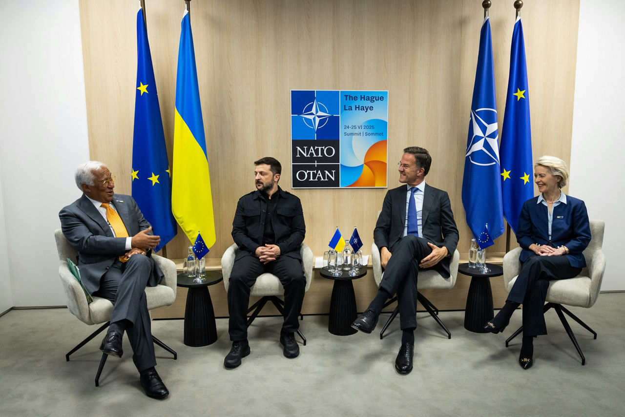 (From left to right) António Costa (President of the European Council), Volodymyr Zelenskyy (President, Ukraine), NATO Secretary General Mark Rutte and Ursula Von Der Leyen (President of the European Commission) 