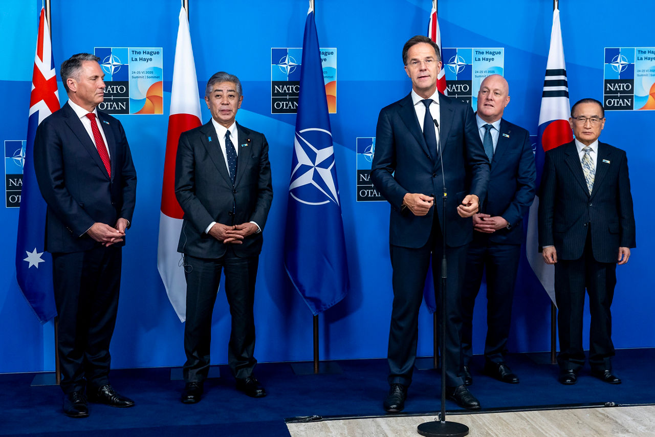 Richard Marles (Deputy Prime Minister, Australia), Takeshi Iwaya (Minister of Foreign Affairs, Japan), NATO Secretary General Mark Rutte, Christopher Luxon (Prime Minister, New Zealand), Wi Sung Lac (National Security Advisor, Republic of Korea)