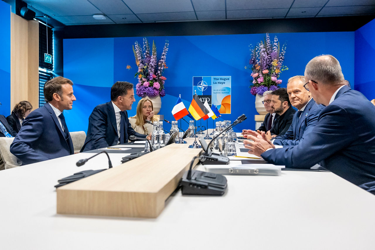 NATO Secretary General Mark Rutte meets with Keir Starmer (Prime Minister, United Kingdom), Giorgia Meloni (Prime Minister, Italy), Volodymyr Zelenskyy (President, Ukraine), Rutte,Emmanuel Macron (President, France), Donald Tusk (Prime Minister, Poland) and Friedrich Merz (Chancellor of Germany)