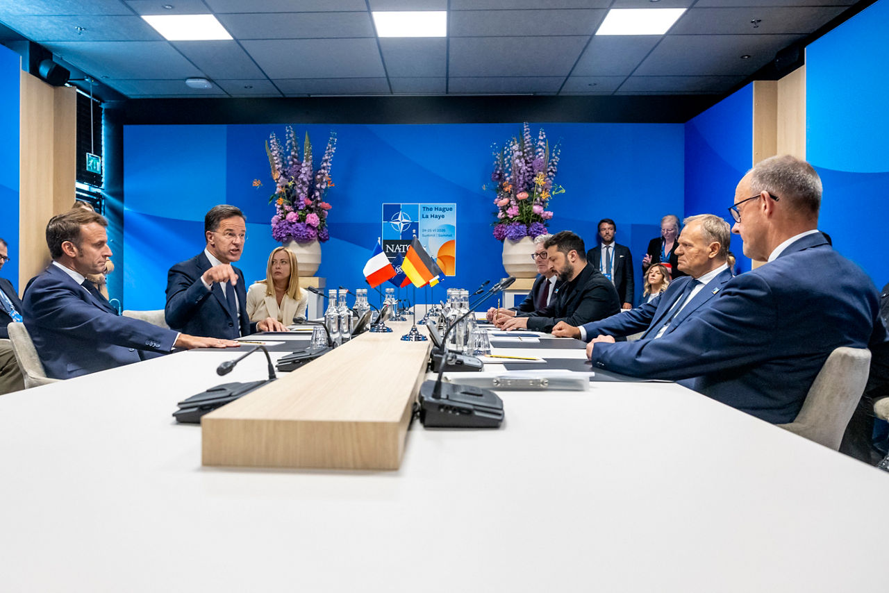 NATO Secretary General Mark Rutte meets with Keir Starmer (Prime Minister, United Kingdom), Giorgia Meloni (Prime Minister, Italy), Volodymyr Zelenskyy (President, Ukraine), Rutte,Emmanuel Macron (President, France), Donald Tusk (Prime Minister, Poland) and Friedrich Merz (Chancellor of Germany)
