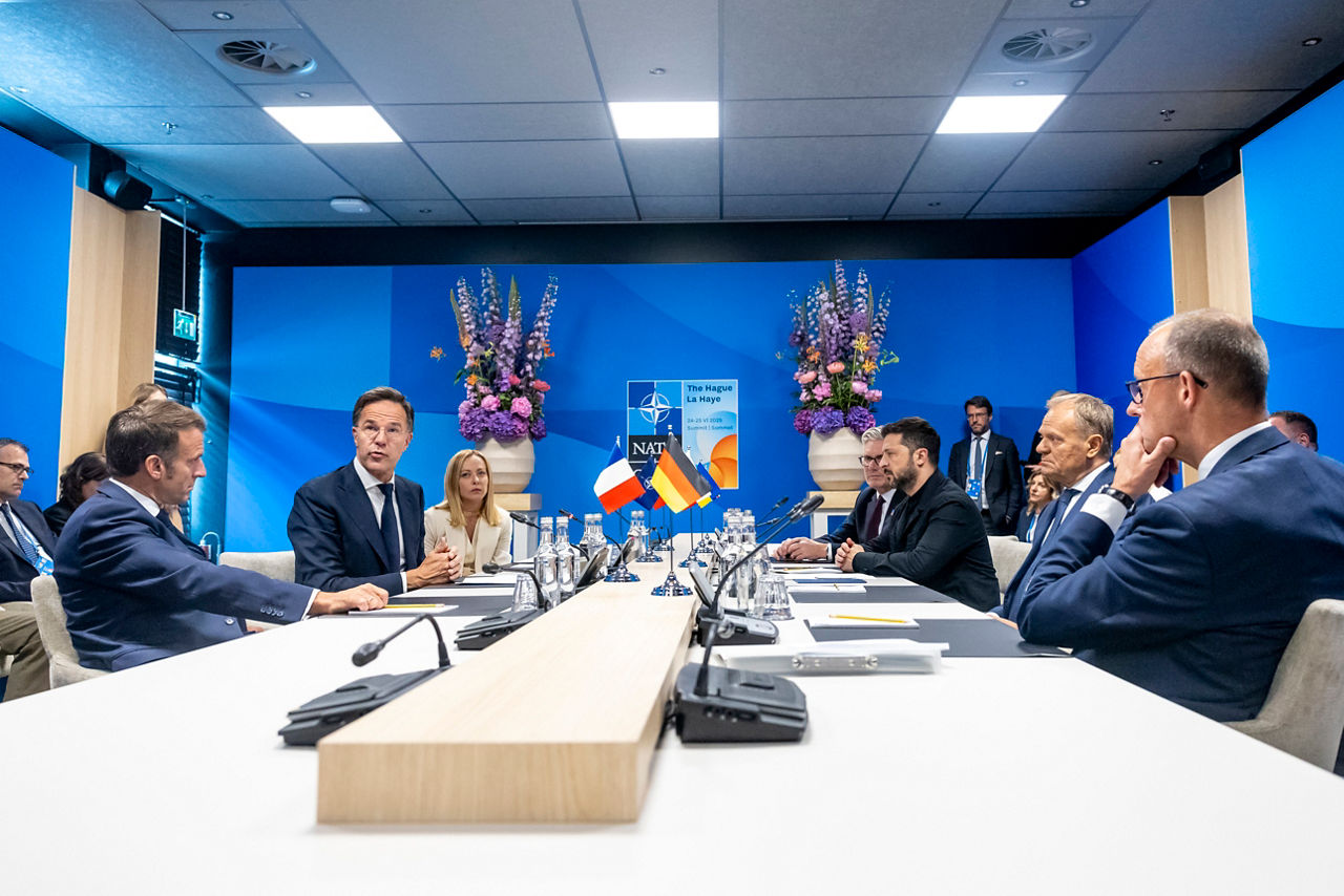 NATO Secretary General Mark Rutte meets with Keir Starmer (Prime Minister, United Kingdom), Giorgia Meloni (Prime Minister, Italy), Volodymyr Zelenskyy (President, Ukraine), Rutte,Emmanuel Macron (President, France), Donald Tusk (Prime Minister, Poland) and Friedrich Merz (Chancellor of Germany)