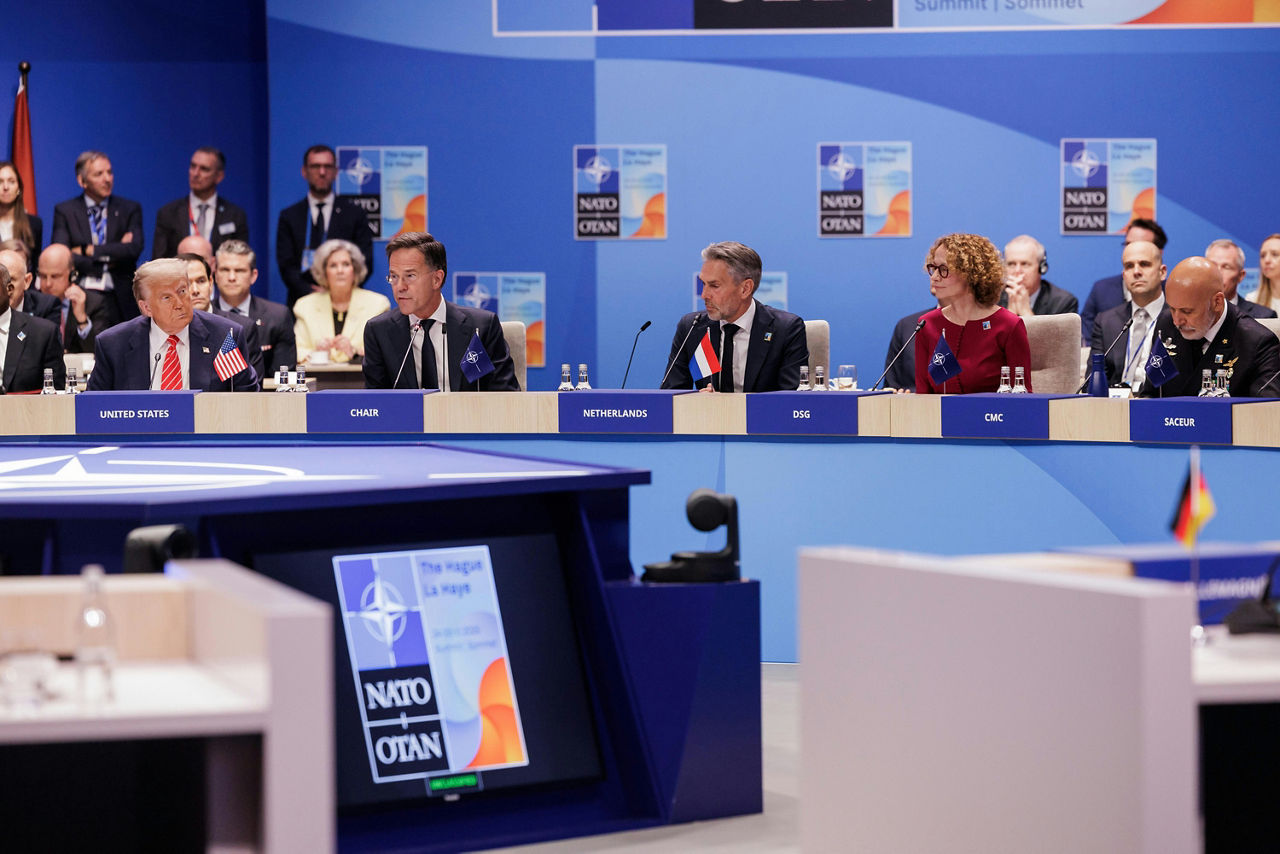 (from left to right) Donald Trump (President, United States), NATO Secretary General Mark Rutte, Dick Schoof (Prime Minister, the Netherlands), NATO Deputy Secretary General Radmila Shekerinska, Admiral Giuseppe Cavo Dragone (Chair of the NATO Military Committee)
