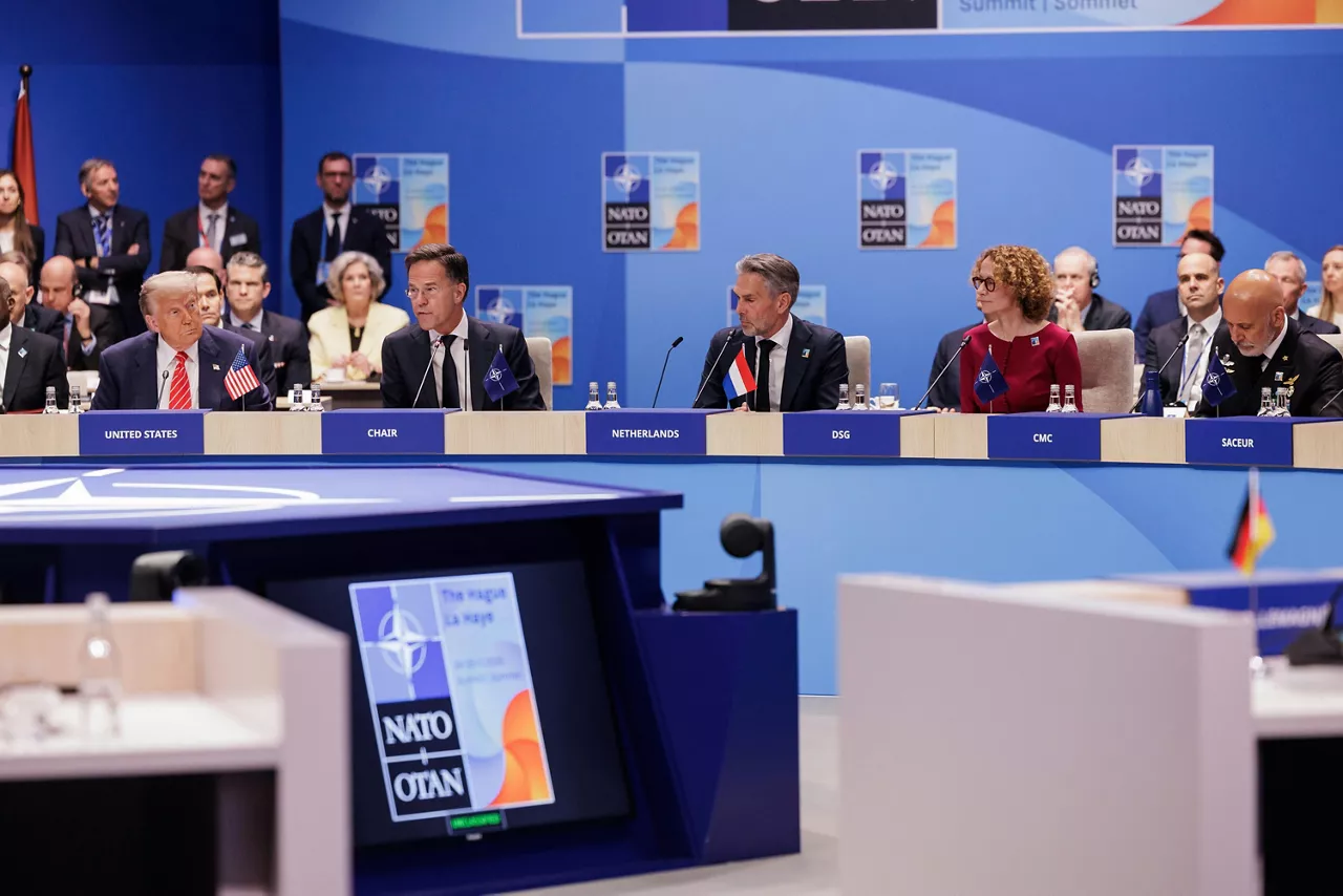 (from left to right) Donald Trump (President, United States), NATO Secretary General Mark Rutte, Dick Schoof (Prime Minister, the Netherlands), NATO Deputy Secretary General Radmila Shekerinska, Admiral Giuseppe Cavo Dragone (Chair of the NATO Military Committee)