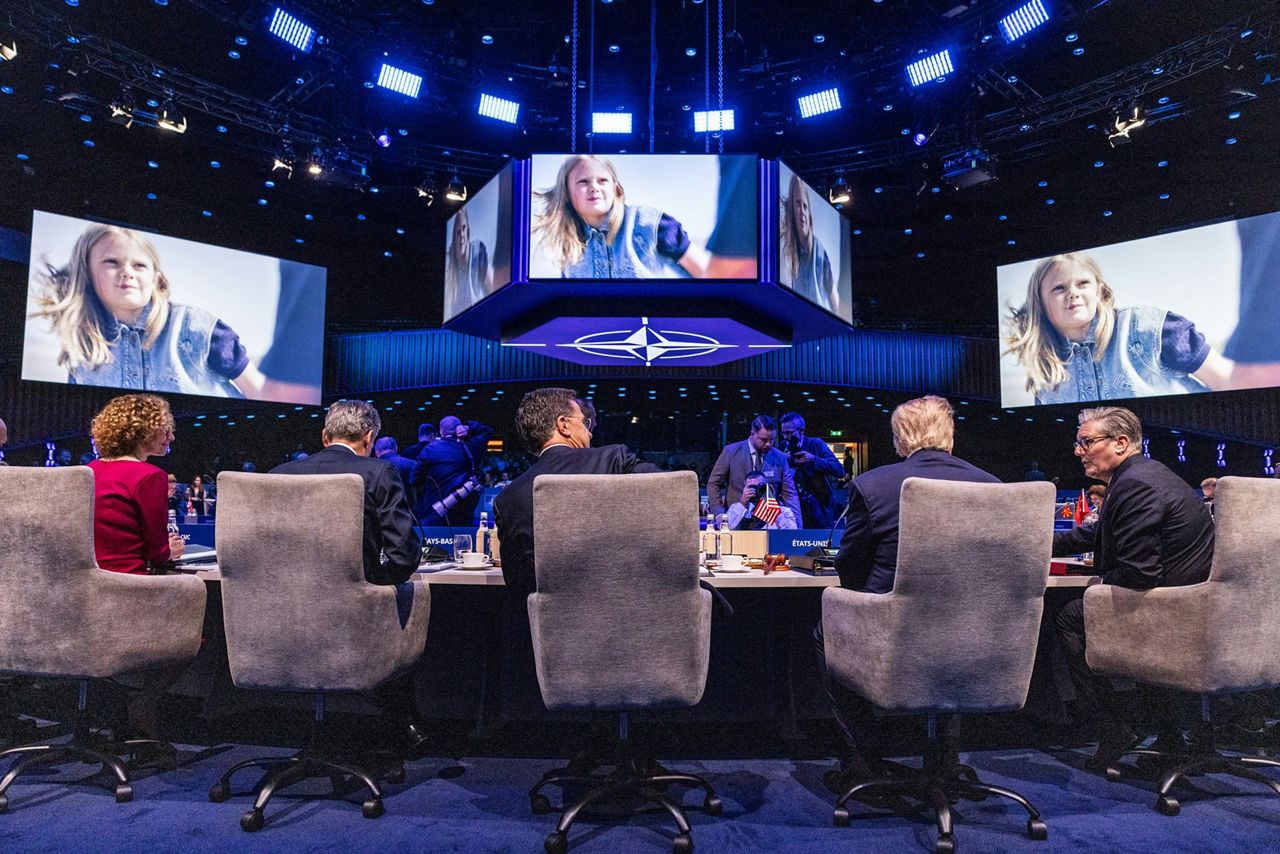 (from left to right) NATO Deputy Secretary General Radmila Shekerinska, Dick Schoof (Prime Minister, the Netherlands),  NATO Secretary General Mark Rutte, Donald Trump (President, United States), Keir Starmer (Prime Minister, United Kingdom)