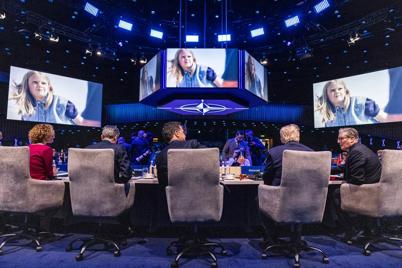 (from left to right) NATO Deputy Secretary General Radmila Shekerinska, Dick Schoof (Prime Minister, the Netherlands),  NATO Secretary General Mark Rutte, Donald Trump (President, United States), Keir Starmer (Prime Minister, United Kingdom)