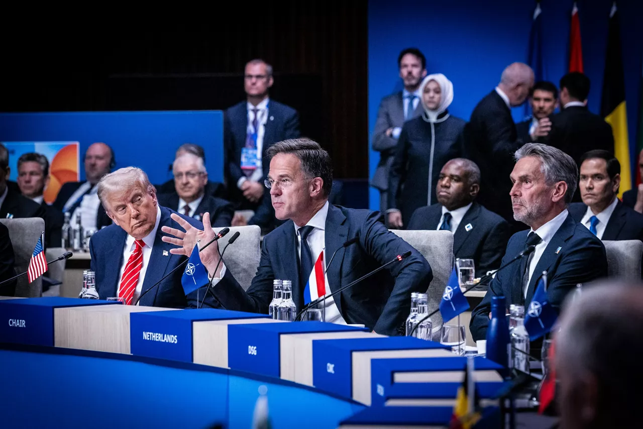 (from left to right) ) Donald Trump (President, United States), NATO Secretary General Mark Rutte Dick Schoof (Prime Minister, the Netherlands)