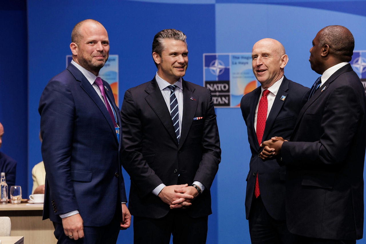 (from left to right) Theo Francken (Minister of Defence, Belgium), Pete Hegseth (Secretary of Defense, United States), John Healey (Secretary of State for Defence, United Kingdom), David Lammy (UK Foreign Secretary)
