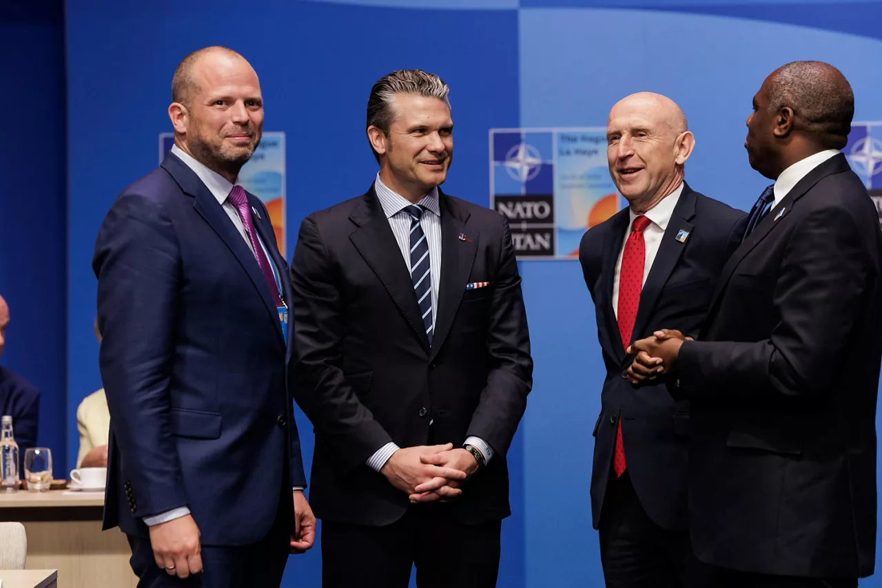 (from left to right) Theo Francken (Minister of Defence, Belgium), Pete Hegseth (Secretary of Defense, United States), John Healey (Secretary of State for Defence, United Kingdom), David Lammy (UK Foreign Secretary)