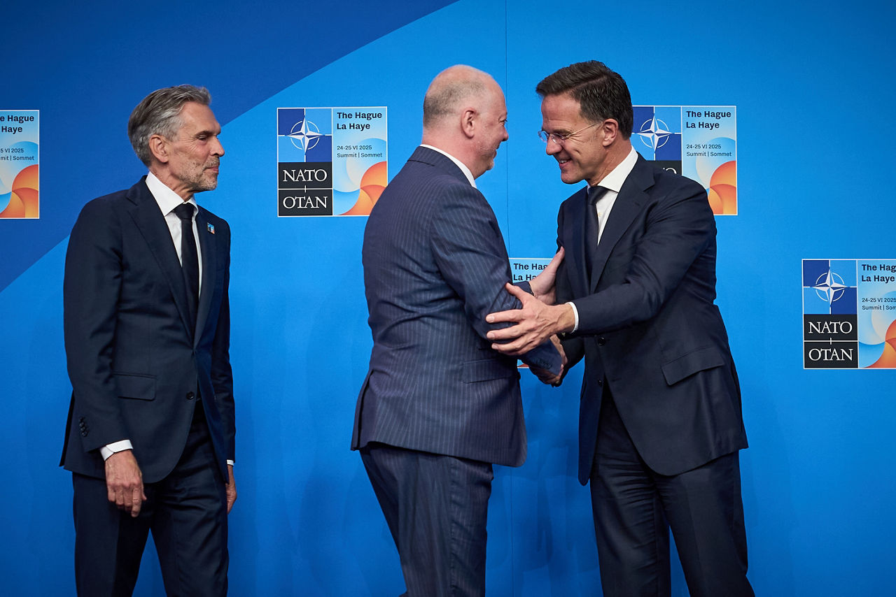 NATO Secretary General Mark Rutte and  Dick Schoof (Prime Minister, the Netherlands) welcome Rossen Jeliazkov (Prime Minister, Bulgaria)